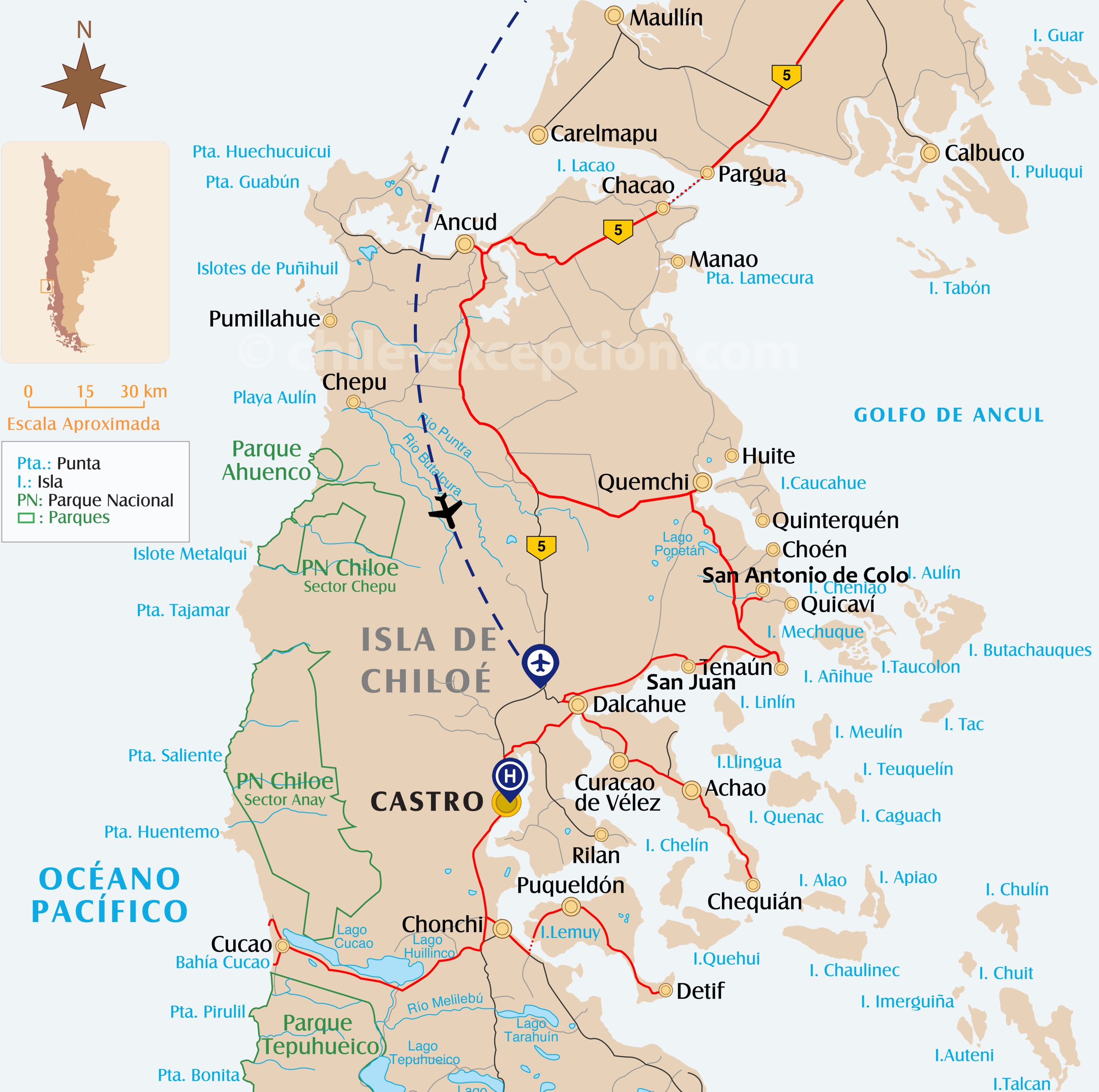 Carte du parcours à Chiloé