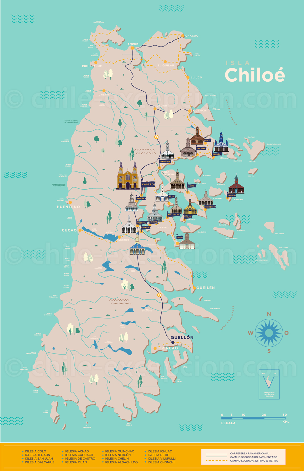 Carte églises classées de Chiloé Carte églises classées de Chiloé