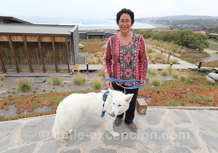 Femme qui promène son chien à Pichilemu, côte Pacifique, Chili Femme qui promène son chien à Pichilemu, côte Pacifique, Chili